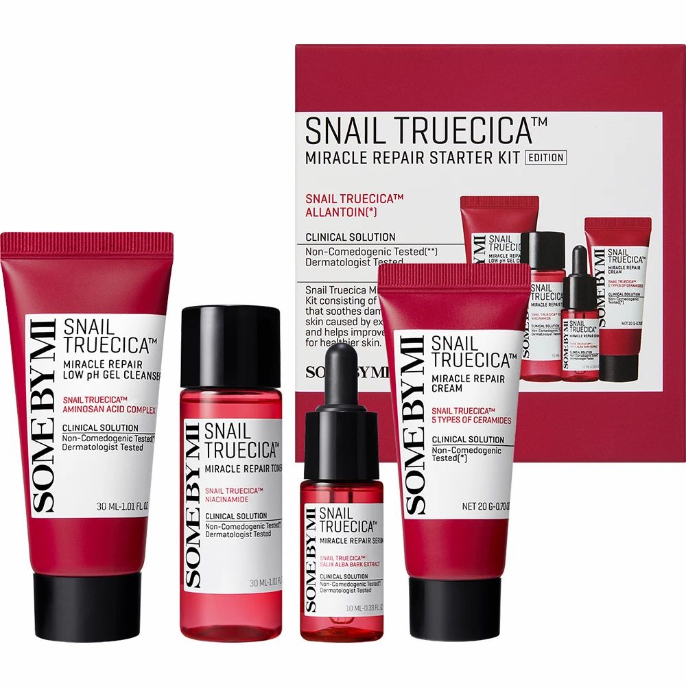 Set van vier rode producten en verpakking. Opschrift: Snail TrueCICA Miracle Repair Starter Kit.