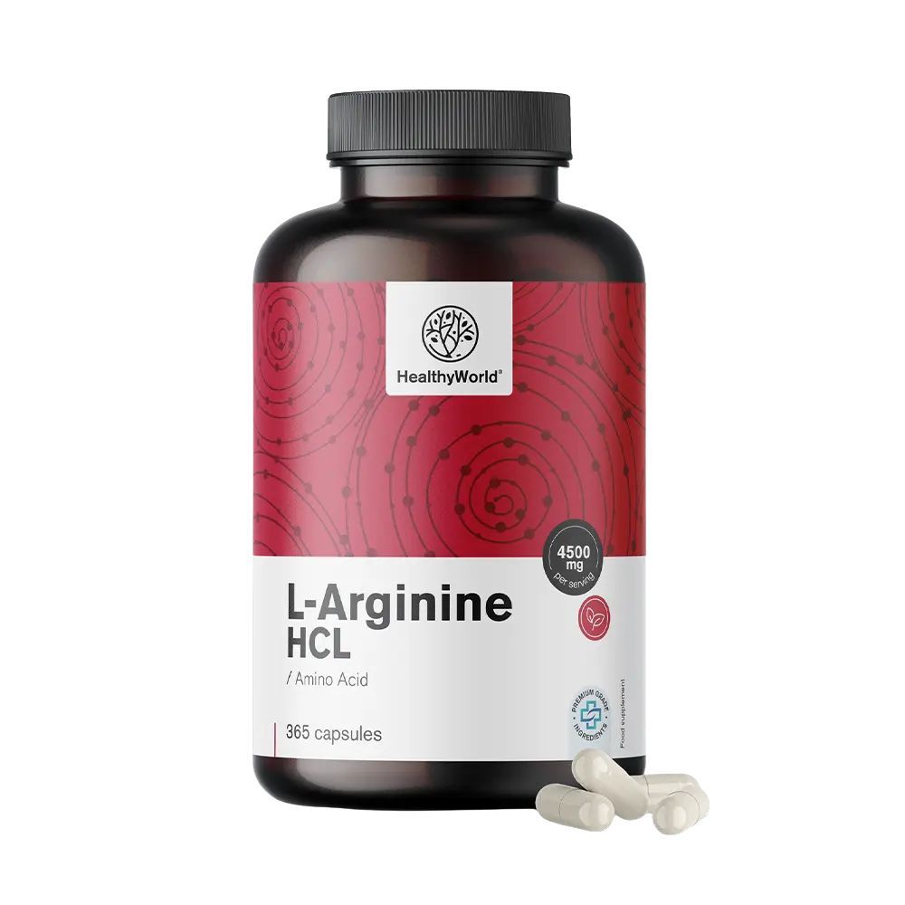 Flacon brun avec capsules. Inscription: L-Arginine HCL, 4500 mg. 365 capsules. Marque: HealthyWorld.