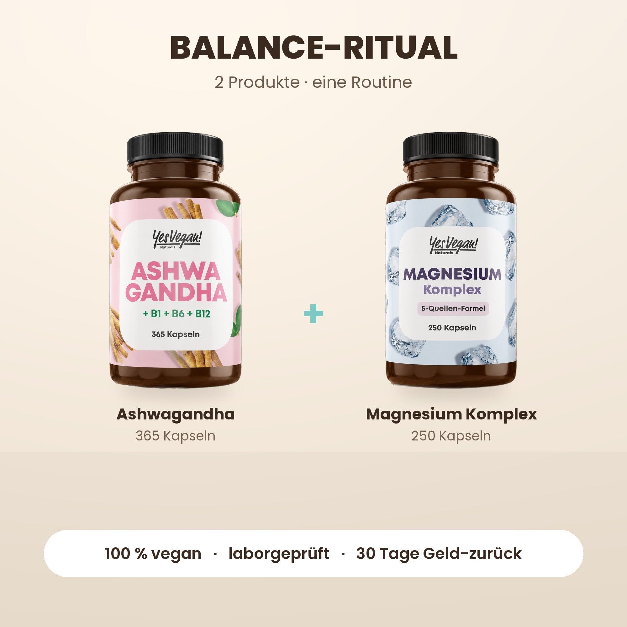 Deux flacons de compléments alimentaires : Ashwagandha (365 gélules) et Complexe de Magnésium (250 gélules).