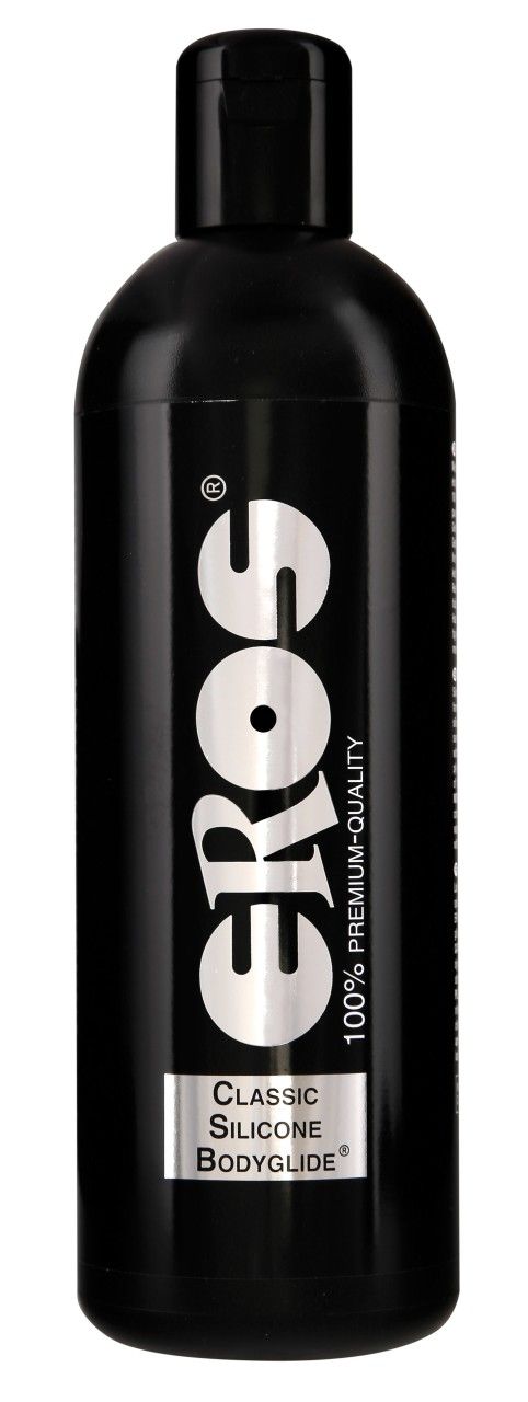 Flacon noir avec logo "EROS" blanc et inscription "Classic Silicone Bodyglide". "100% Premium Quality" également présent.