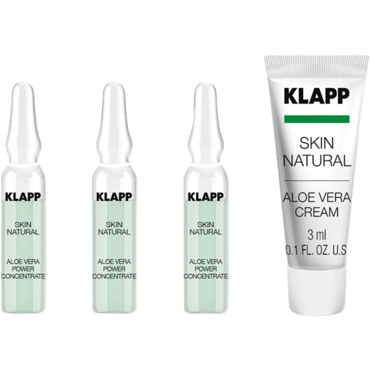 Drie ampullen en een tube Aloe Vera crème. Producten met Klapp logo en Skin Natural label. Witte verpakking met groene accenten.