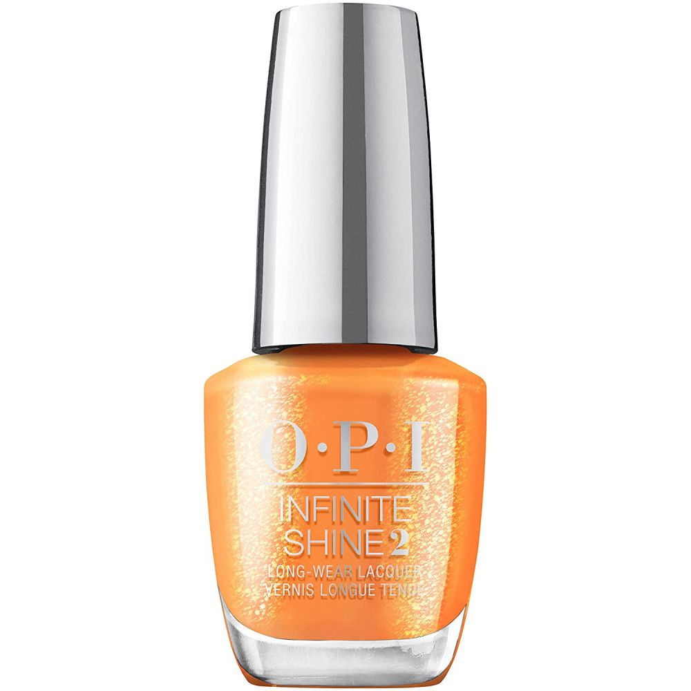 Flacon de vernis à ongles OPI Infinite Shine 2. Vernis à ongles orange avec bouchon argenté.