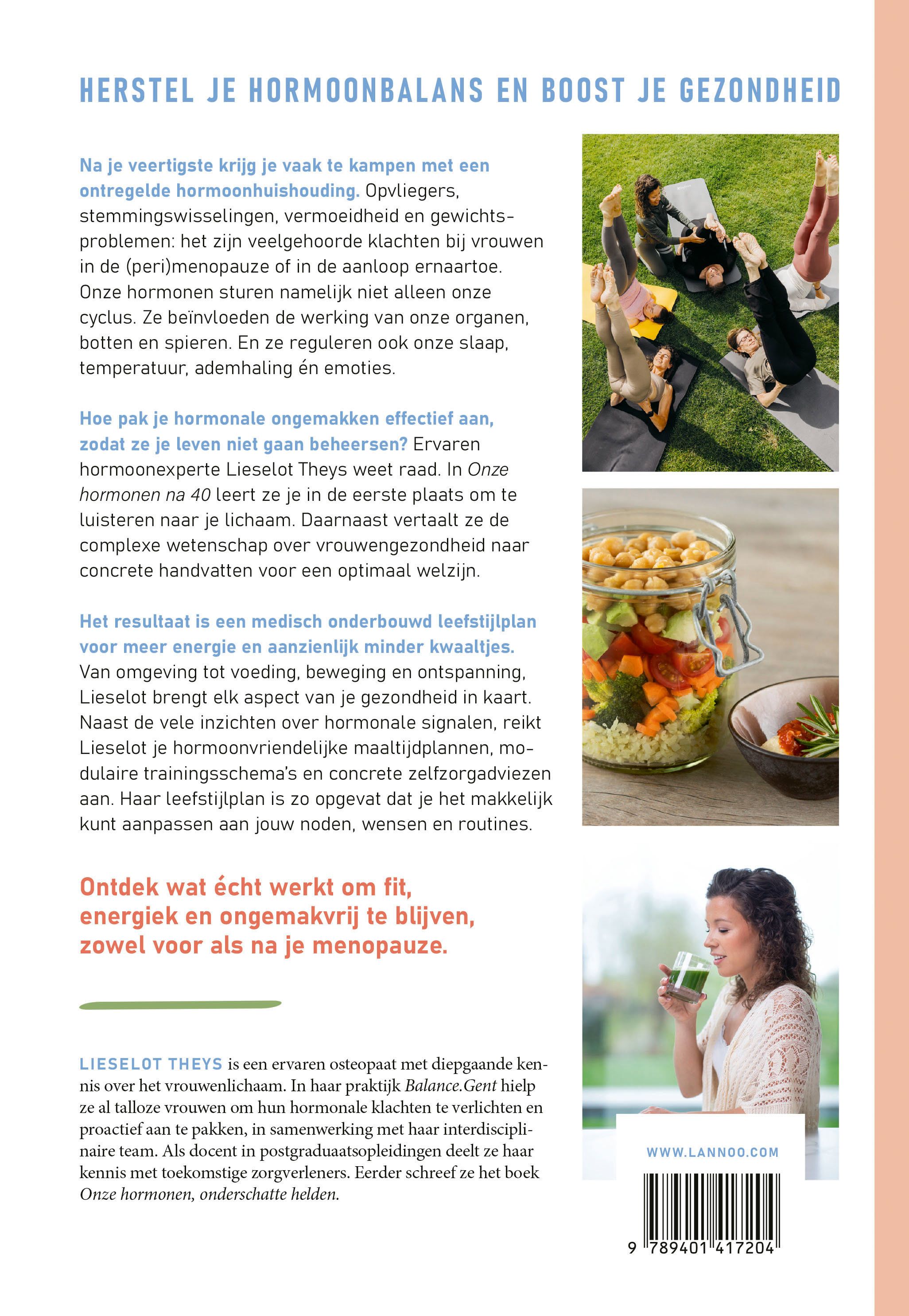 Quatrième de couverture du livre "Onze Hormonen Na 40". Texte, photos de femmes, nourriture, femme avec boisson. Code ISBN.