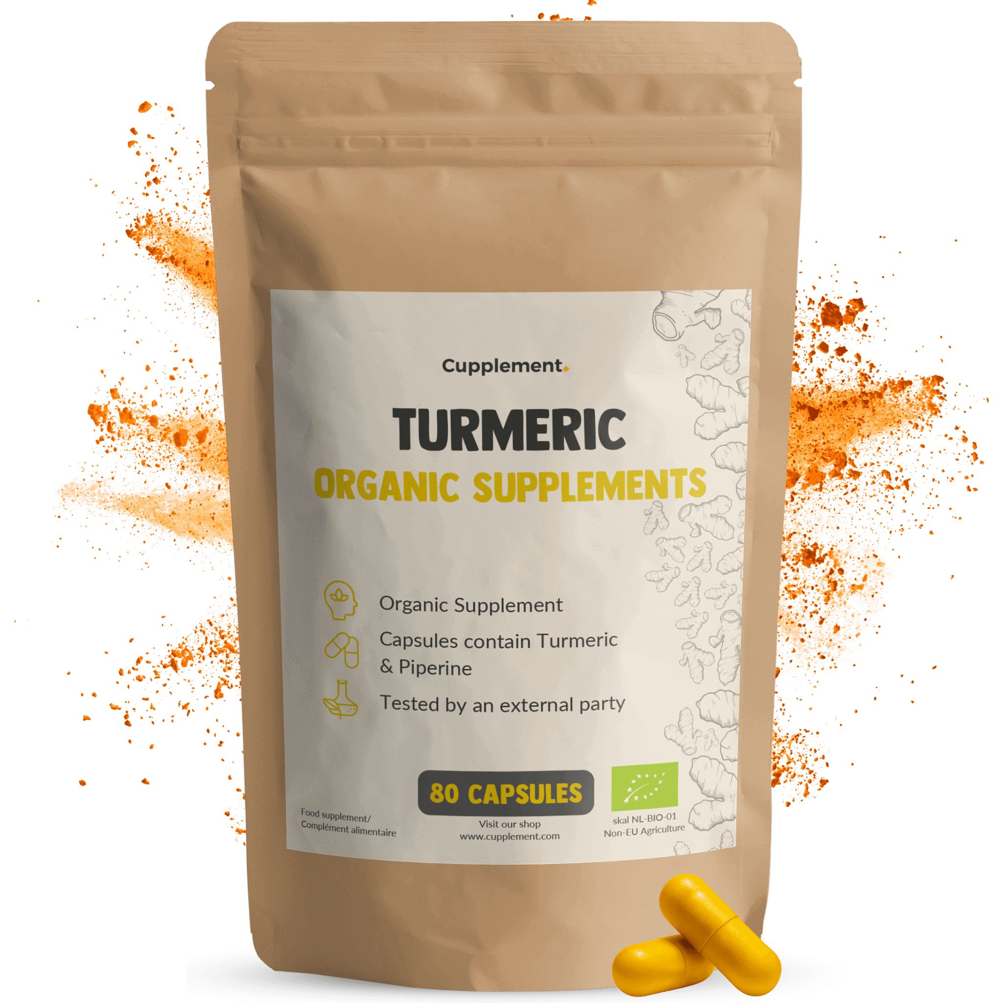 Cupplement Turmeric, 80 capsules. Bruin zakje met wit etiket. Gele capsules ernaast. Bio-keurmerk. Geel poeder op achtergrond.