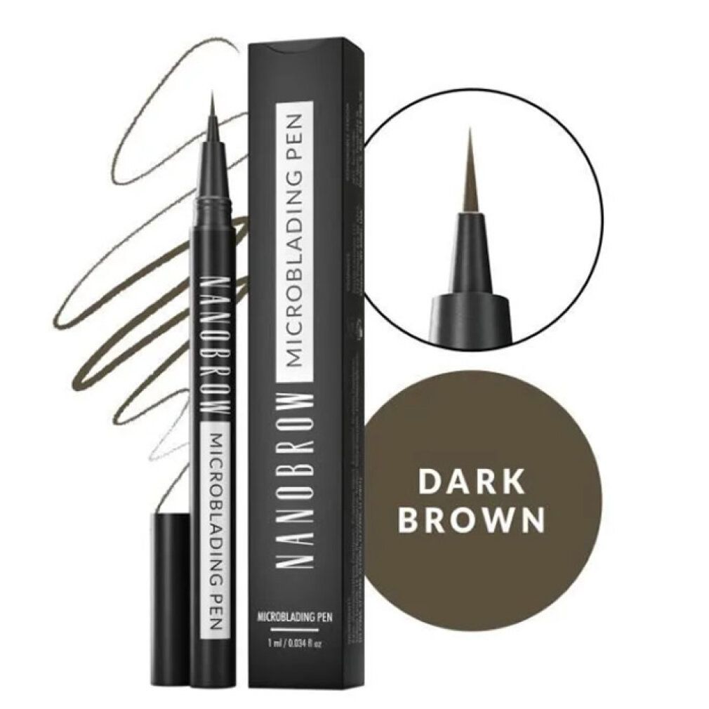 Pen, verpakking en kleurstalen. Opschrift: Nanobrow Microblading Pen. Kleur: Dark Brown.