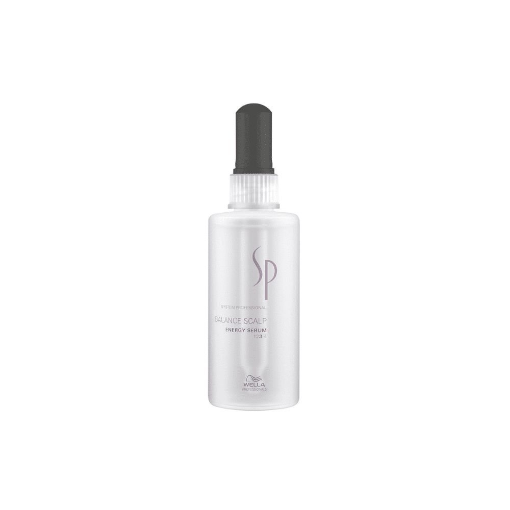 Flacon avec vaporisateur. Inscription: SP Balance Scalp Energy Serum. Marque: Wella.