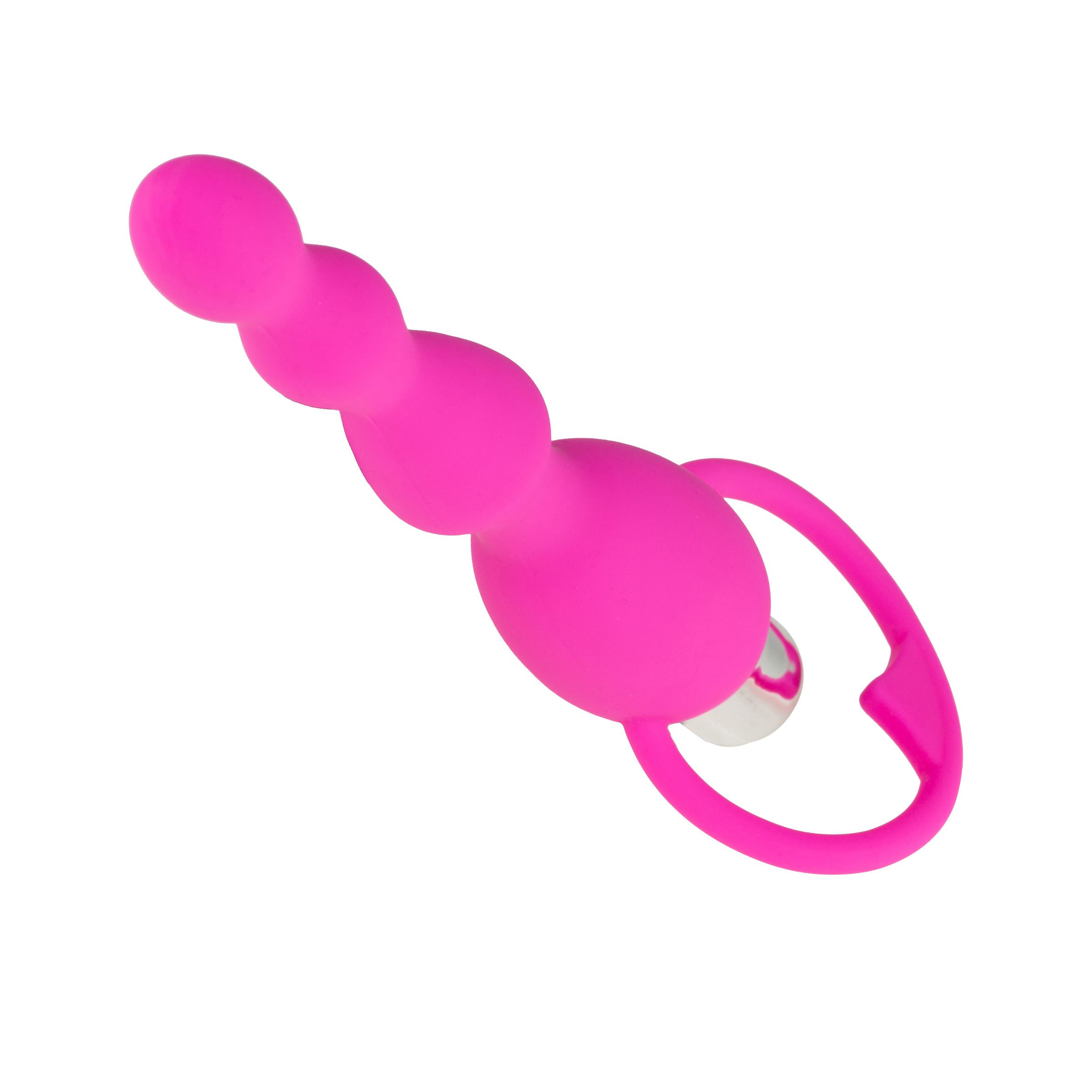 Vibrateur rose avec tige sphérique et poignée en forme de cœur. Partie supérieure avec élément argenté.