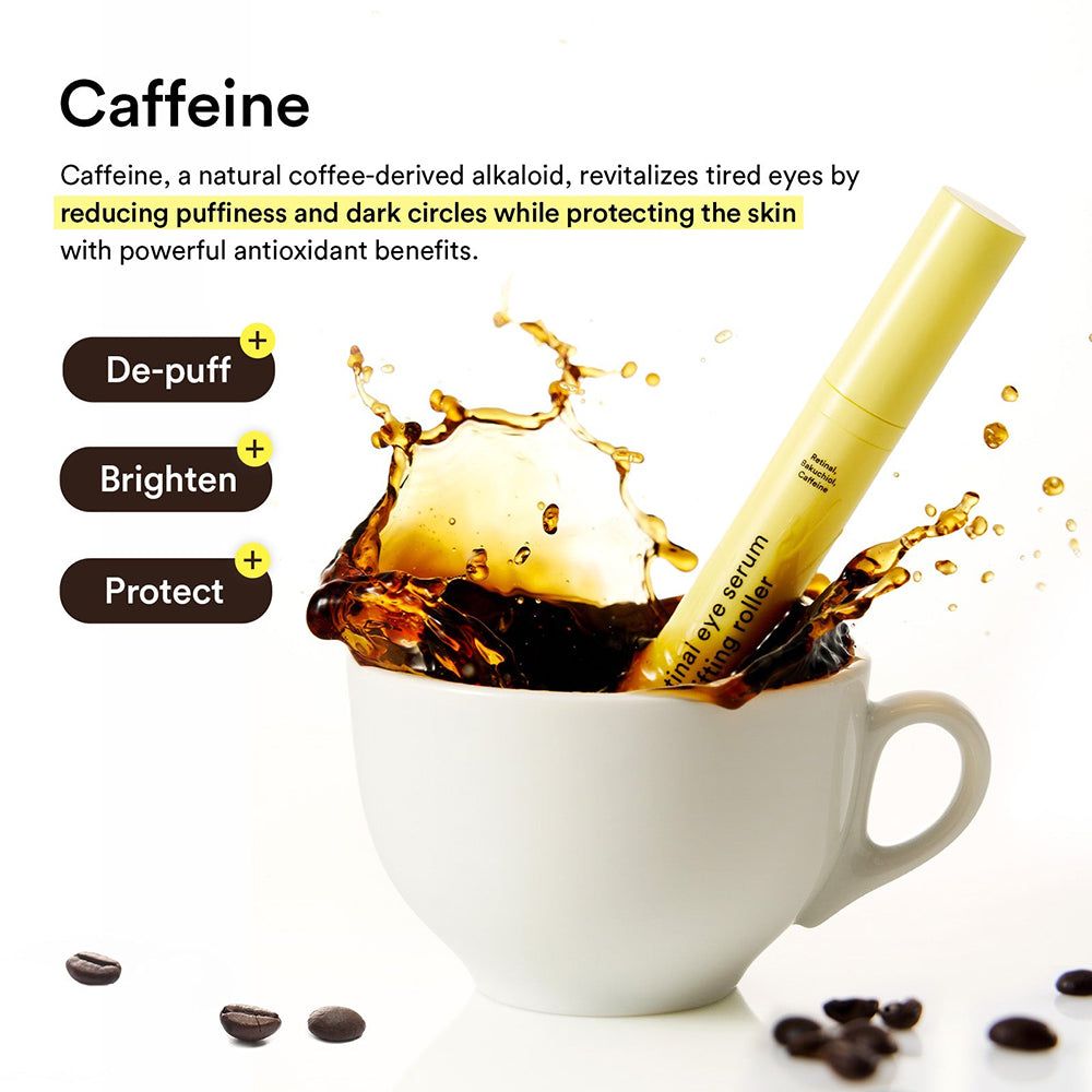 ABIB Retinal Eye Serum Lifting Roller in een koffiekopje. Met cafeïne tegen zwellingen.
