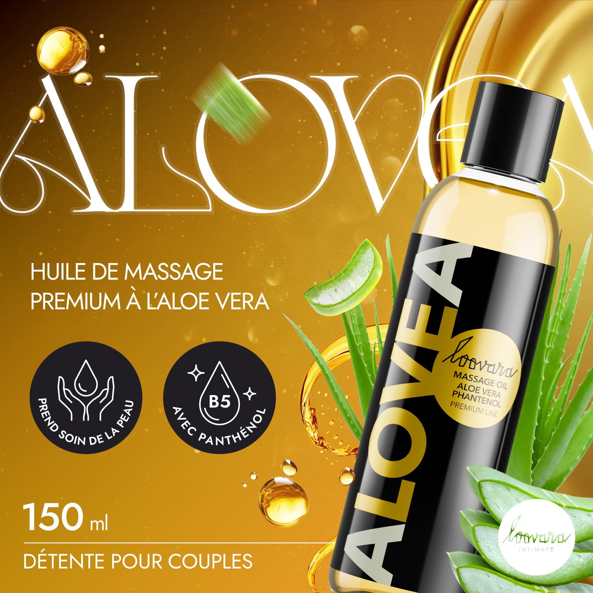 Flacon d'huile de massage à l'aloe vera, 150 ml. Contient du panthénol B5.
