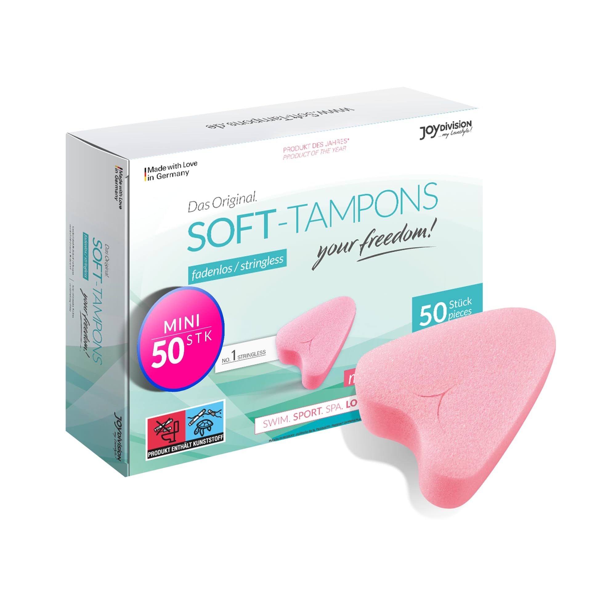 Boîte de Soft Tampons mini, 50 pièces. Un tampon est rose et en forme de cœur.