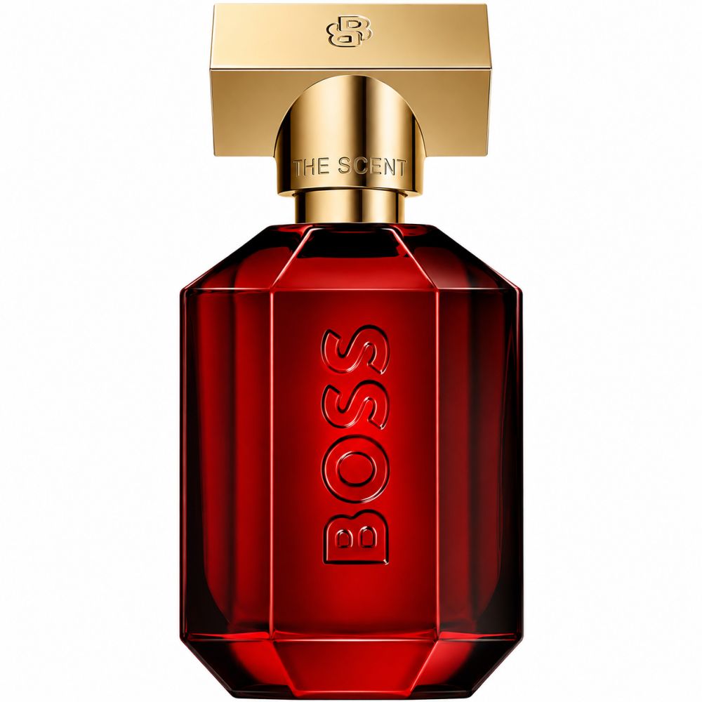 Hugo Boss The Scent Elixir Parfum Intense flesje in rood met gouden dop.