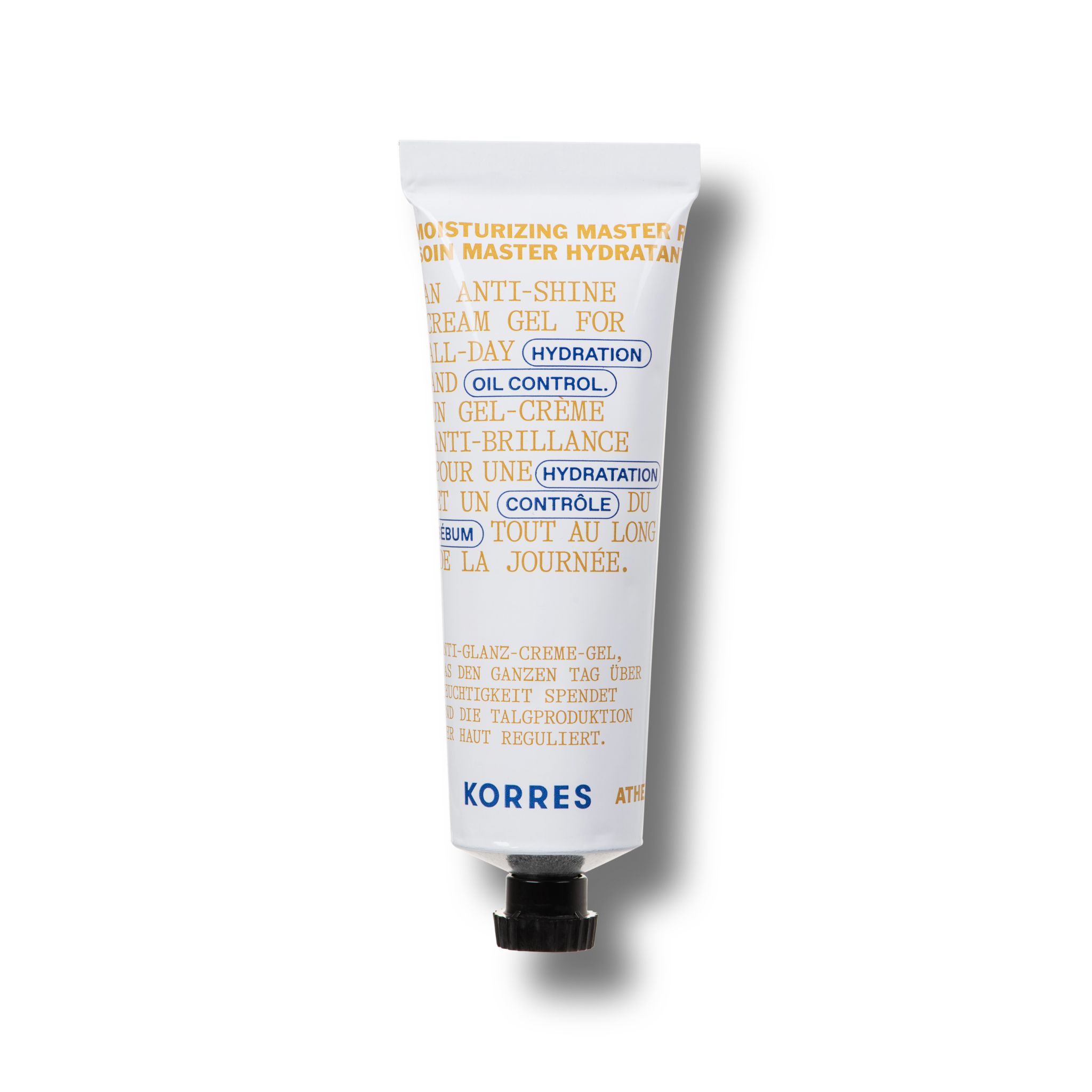 Witte tube, zwarte dop. Tekst: KORRES, anti-glans crème gel, hydratatie, olie controle.