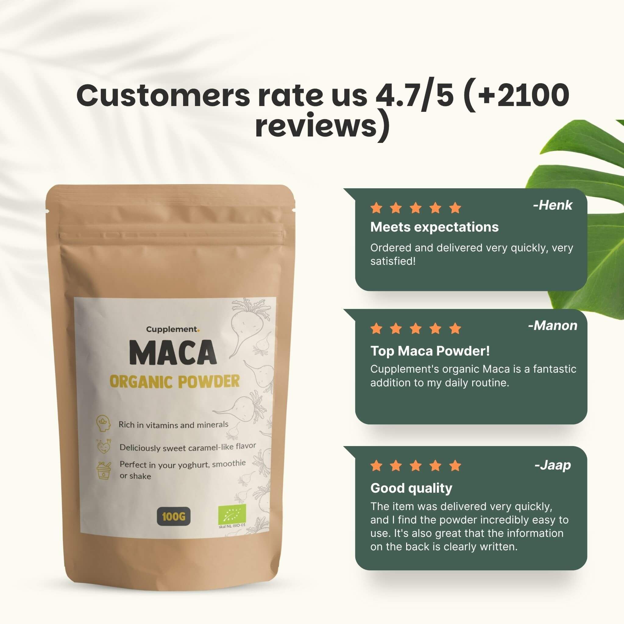 Sachet de poudre de Maca. Avis clients: 4,7/5 étoiles. Citations de clients.