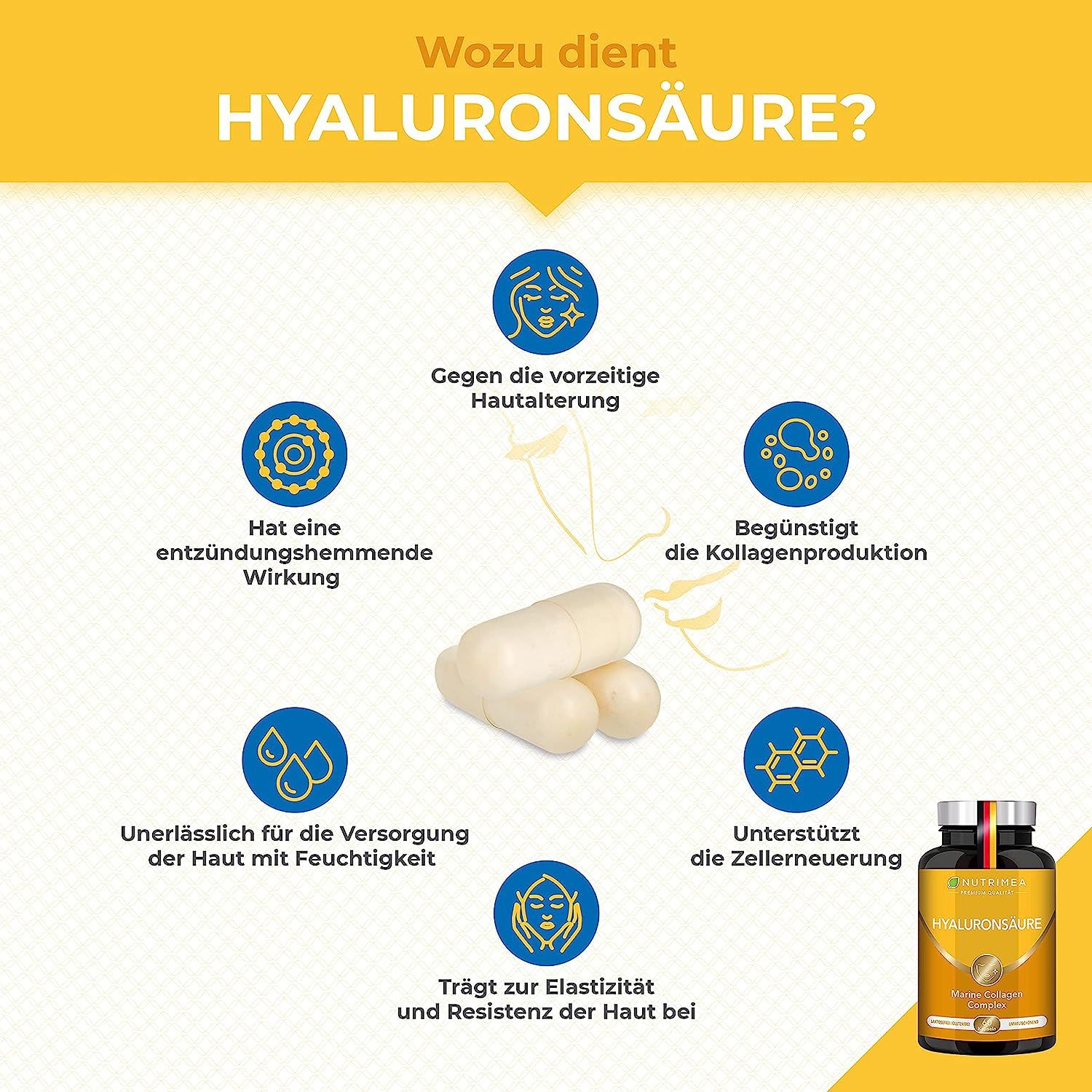 Infographic met capsules en iconen. Thema's: huidveroudering, ontstekingsremmend, collageenproductie, hydratatie, elasticiteit.