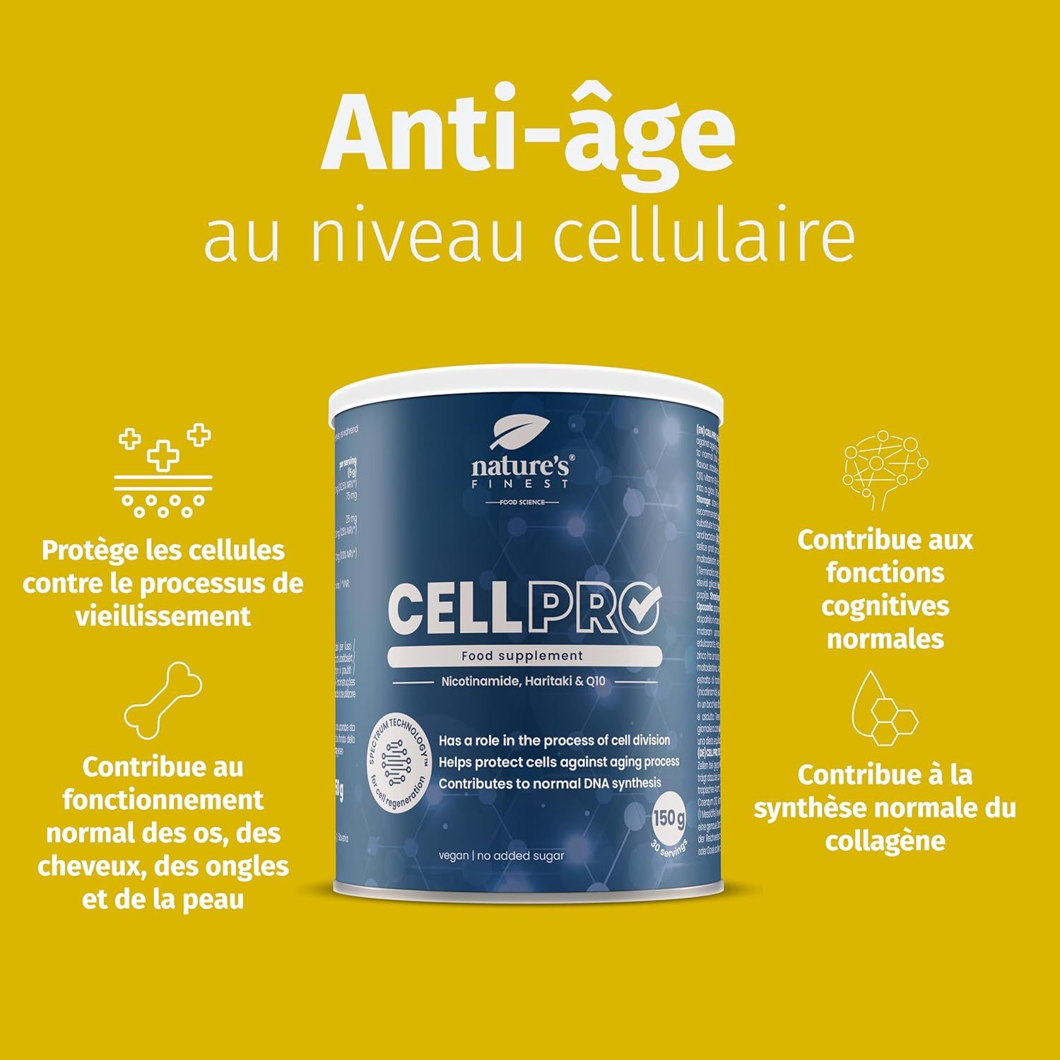 Boîte CELL PRO bleue. Inscription CELL PRO, Reverse Ageing Supplement. 150g. Ingrédients : Vitamine C, Nicotinamide, Zinc.