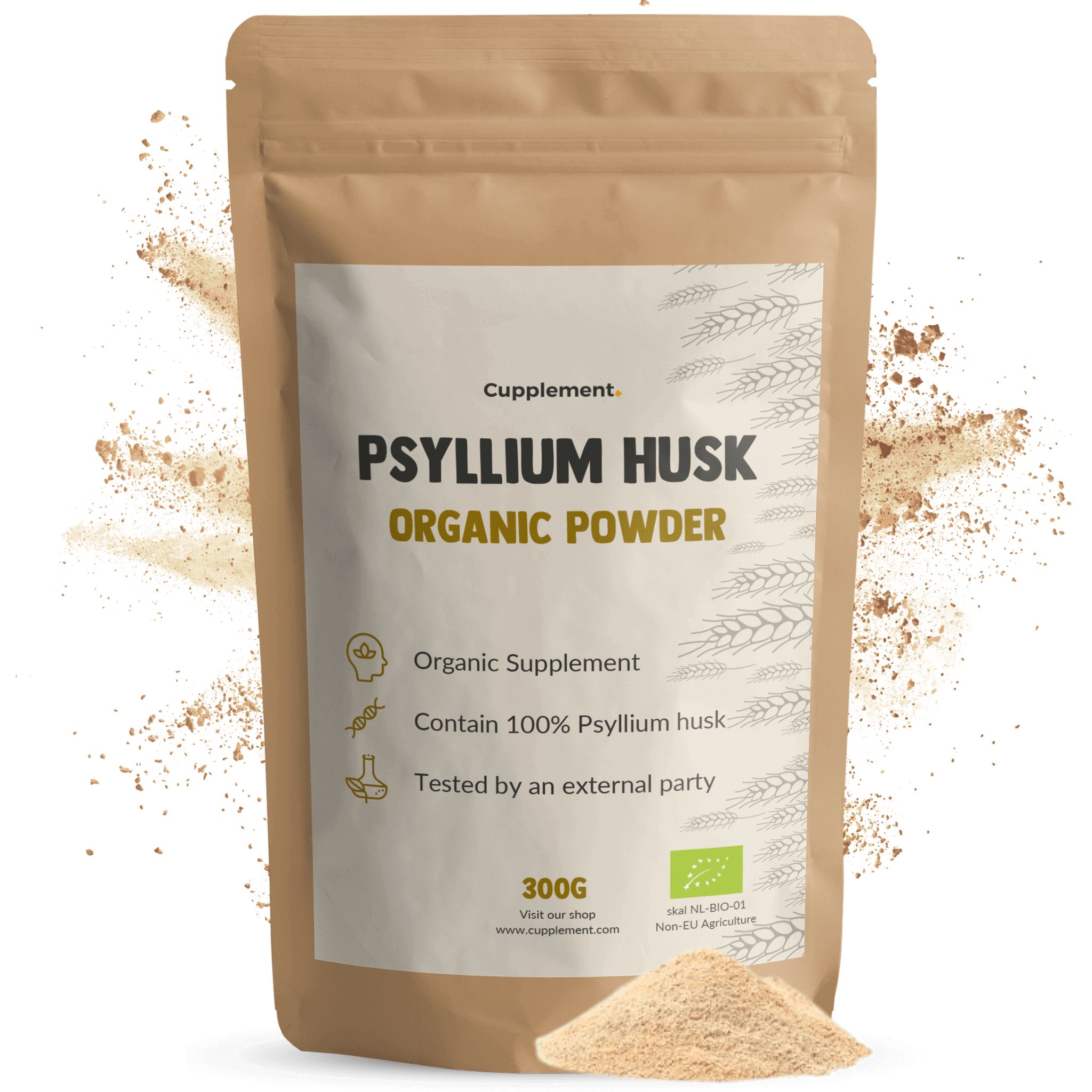 Sachet de Psyllium Husk. Texte : Psyllium Husk, Organic Powder, 300g, label bio.