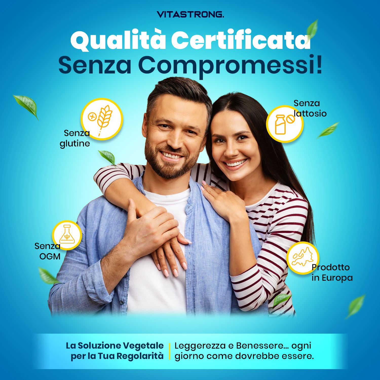 Advertentie met paar. Certificeringen: Glutenvrij, lactosevrij, GGO-vrij. Tekst: Kwaliteit zonder compromissen! Lichtheid en welzijn.