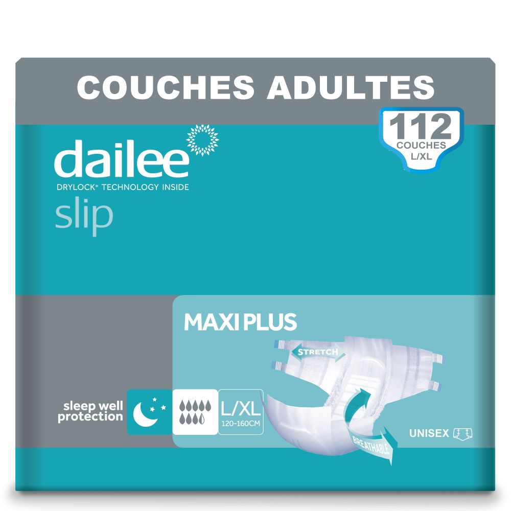 Paquet de Dailee Slip Maxi Plus. L/XL, Unisexe. 112 unités. Image du produit.