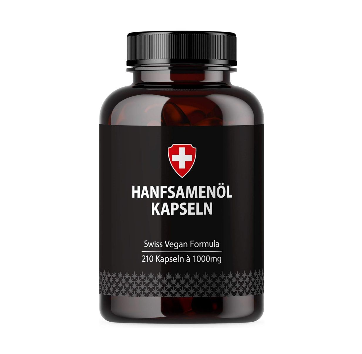 Bruine fles met zwarte dop. Opschrift: Hanfsamenöl Kapseln. Swiss Vegan Formula. 210 capsules à 1000mg. Zwitsers kruis.