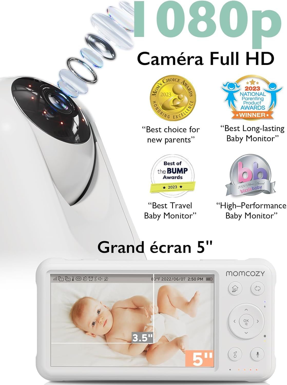 Caméra bébé 1080p Full HD avec écran 5 pouces. Affiche image bébé, date et heure. Plusieurs récompenses visibles.
