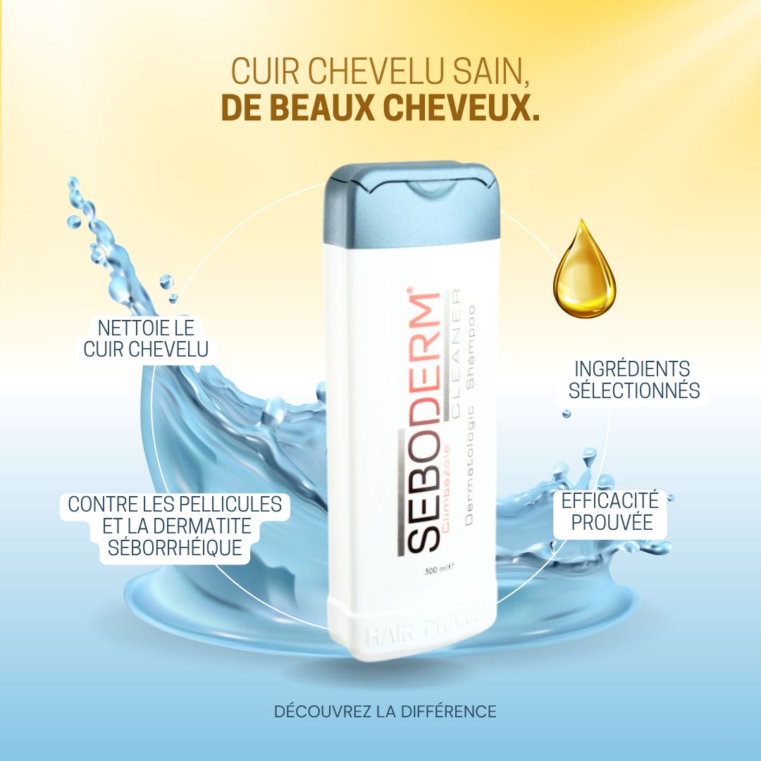 Seboderm Cleaner Shampoo dans des éclaboussures d'eau, avec huile d'olive et climbazole.