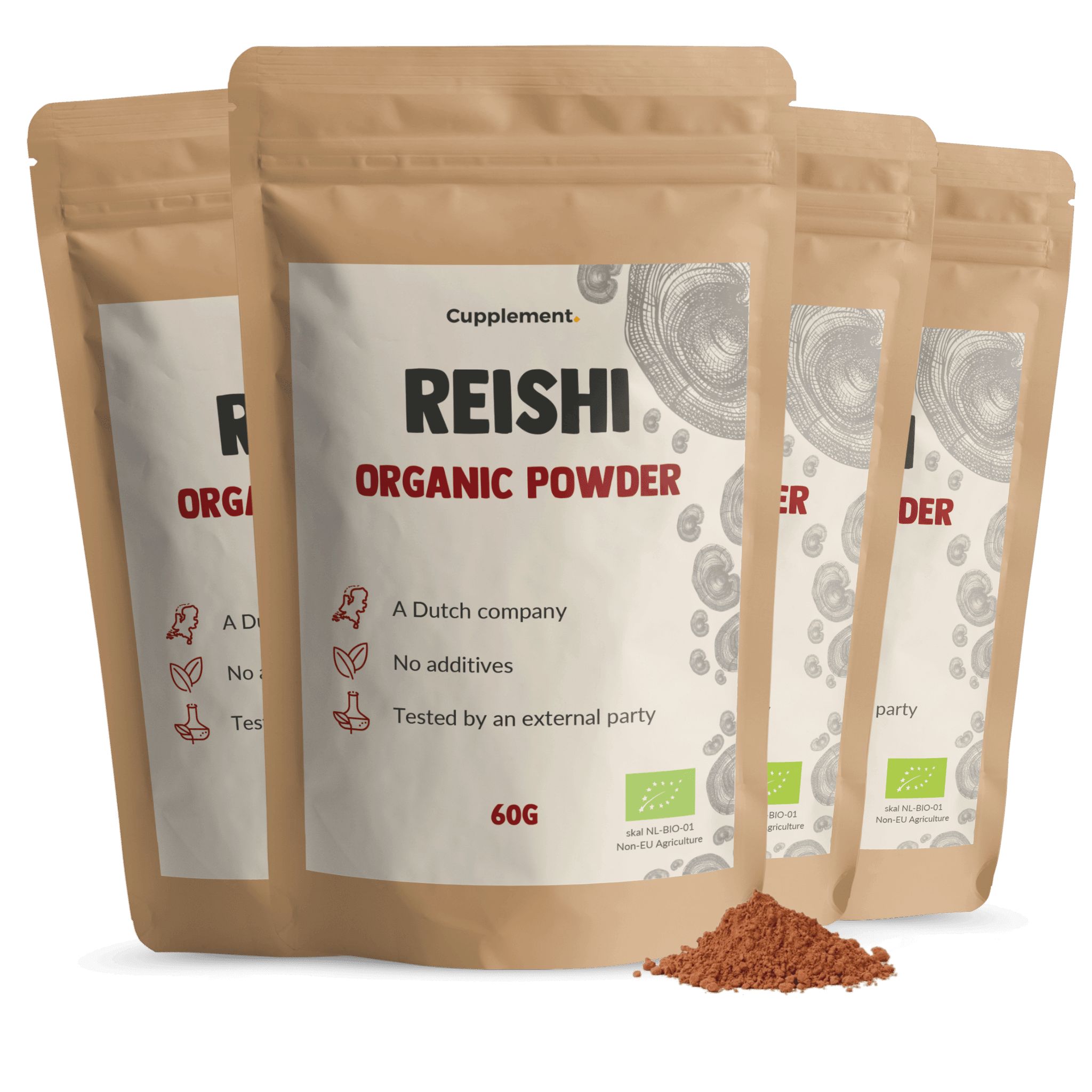 Plusieurs sachets de poudre de Reishi. Inscription : Reishi Organic Powder, 60g. Certification. Poudre brune au sol.