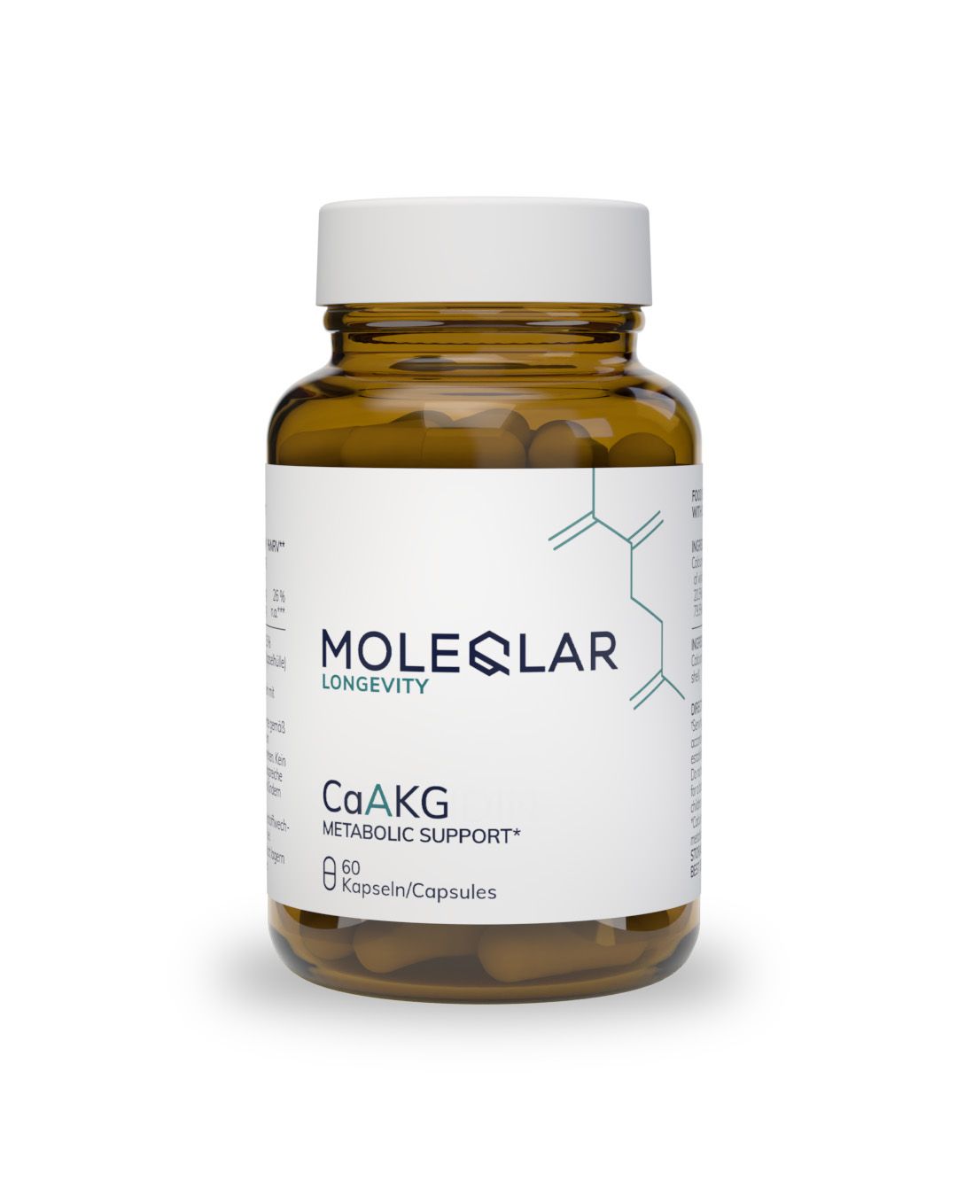Flacon en verre brun avec bouchon blanc, contenant 60 gélules/capsules CaAKG.