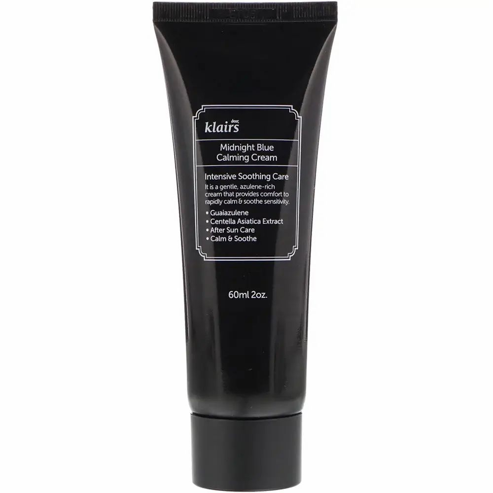 Donkerblauwe tube met wit etiket. Tekst: Midnight Blue Calming Cream, 60ml 2oz. Merk: Klairs.
