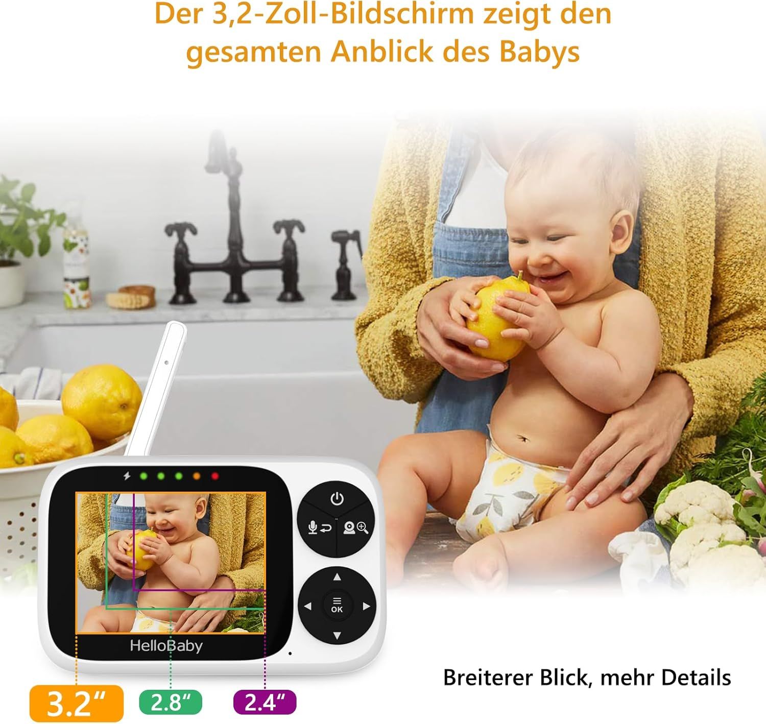 Moniteur babyphone avec écran 3,2 pouces montrant un bébé. Comparaison de taille 3,2", 2,8", 2,4". Vue plus large, plus de détails.