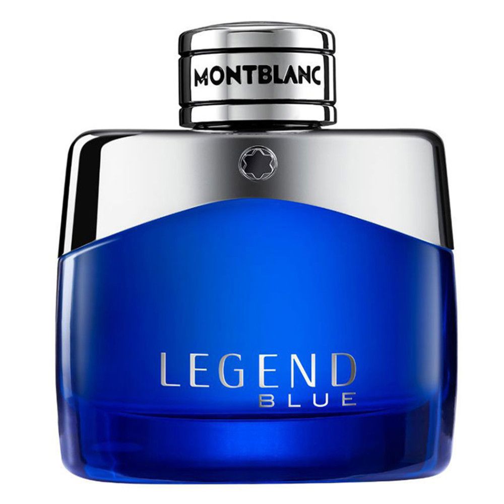 Blauwe Montblanc Legend Blue EdP-fles. Zilveren dop. Productnaam en merklogo.