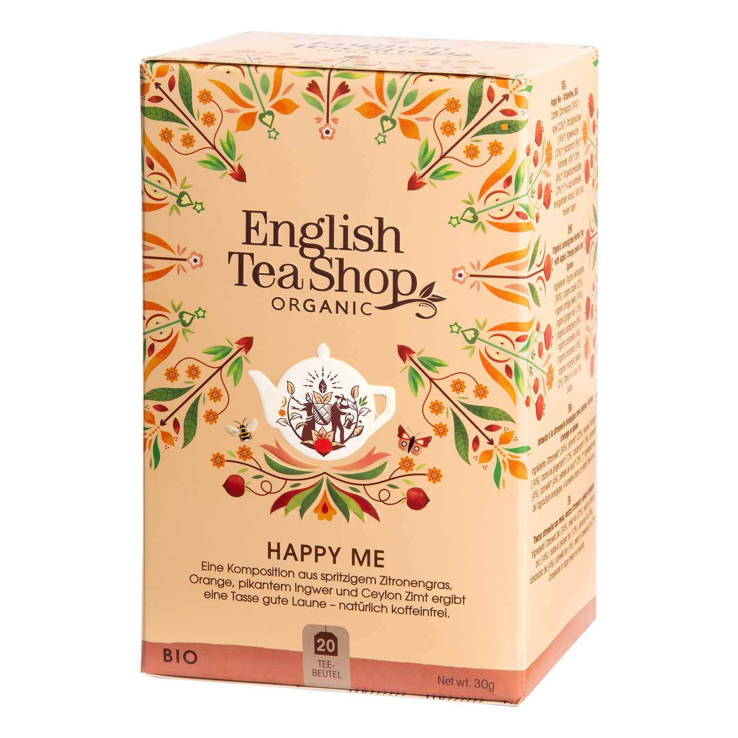 Doosje ETS - Happy Me wellness-thee bio. Opschrift: English Tea Shop Organic, Happy Me, 20 zakjes, bio-label. Beige met bloemmotief.