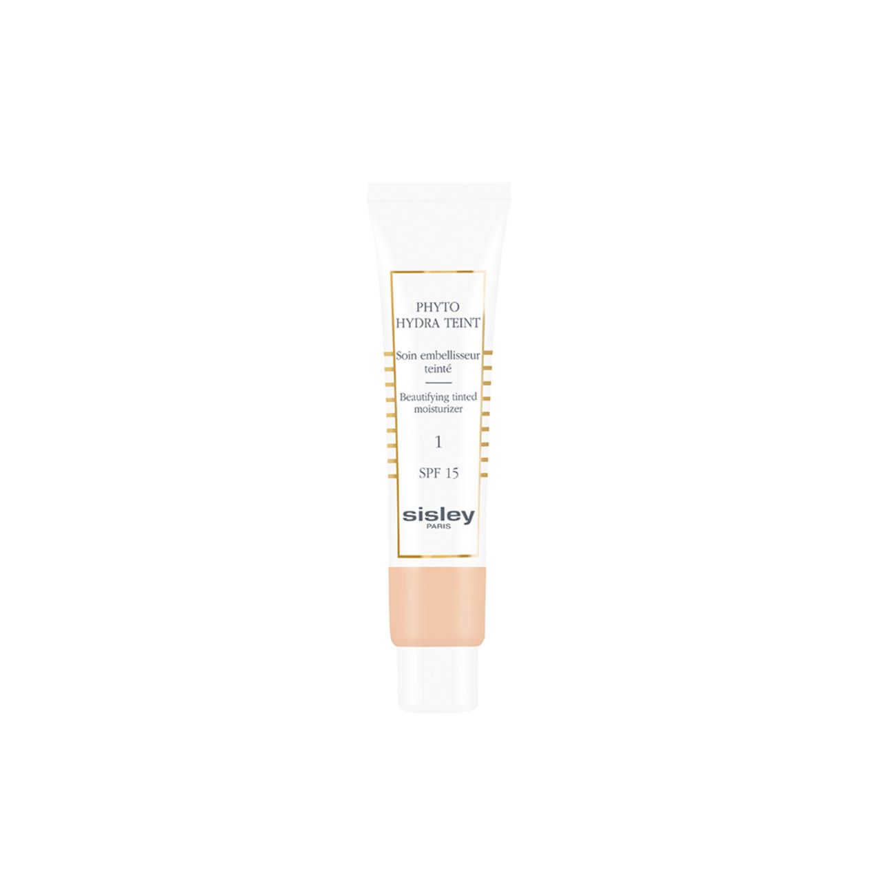 Tube blanche Sisley Phyto Hydra Teint 1. Hydratant teinté beige. SPF 15. Vue du produit.