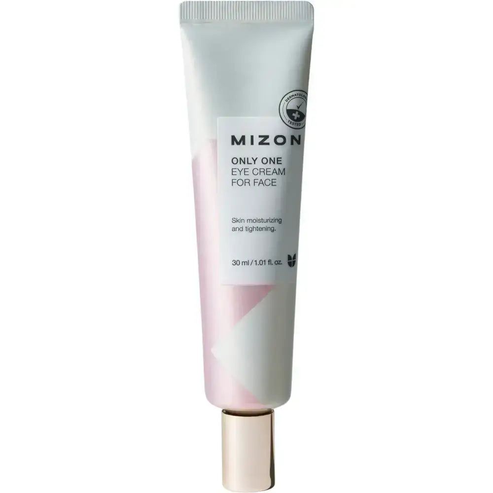 MIZON oogcrèmetube. Wit-beige tube met roze accenten. Productnaam en details zichtbaar.