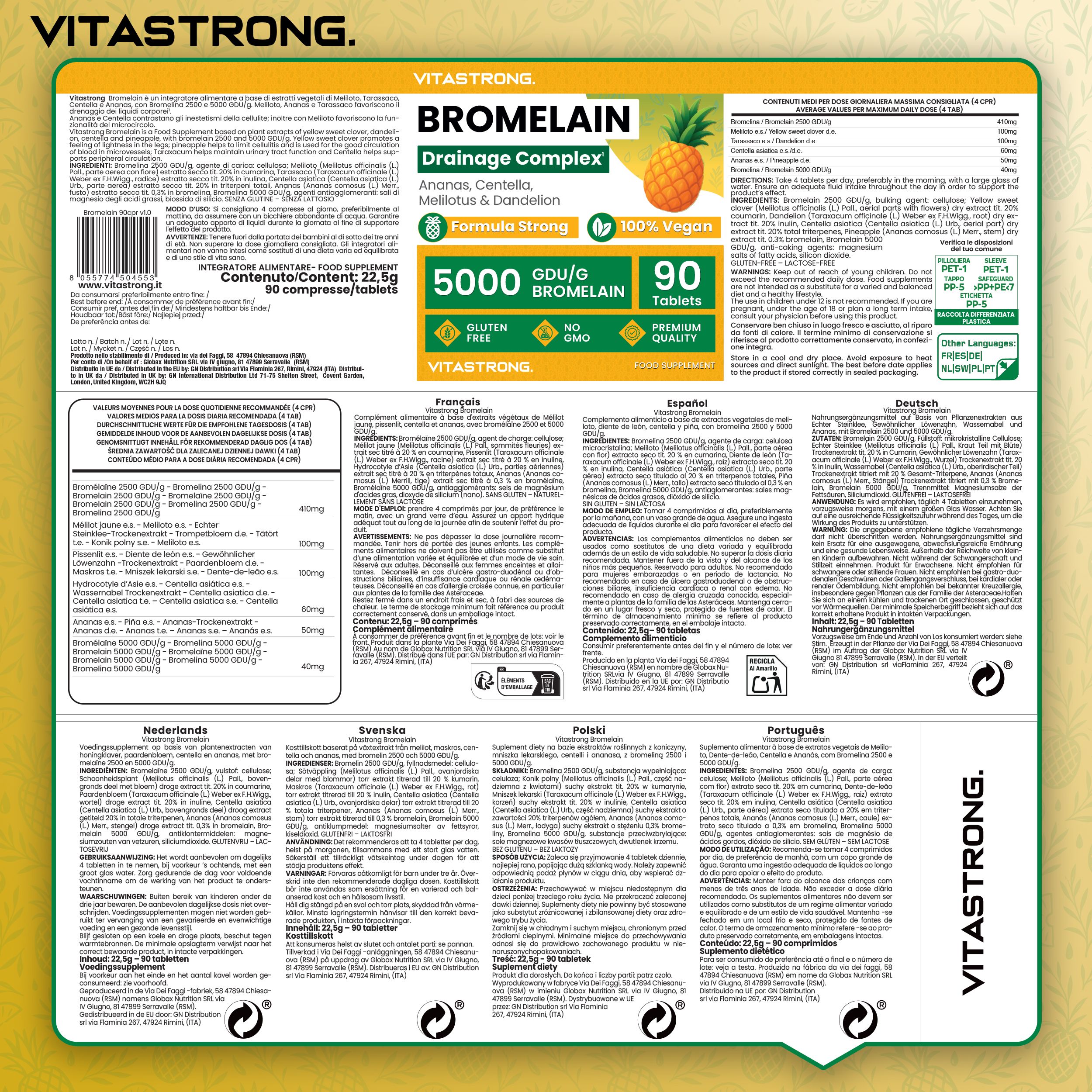 Vitastrong Bromélaïne 5000 GDU – favorise le drainage et aide contre la cellulite