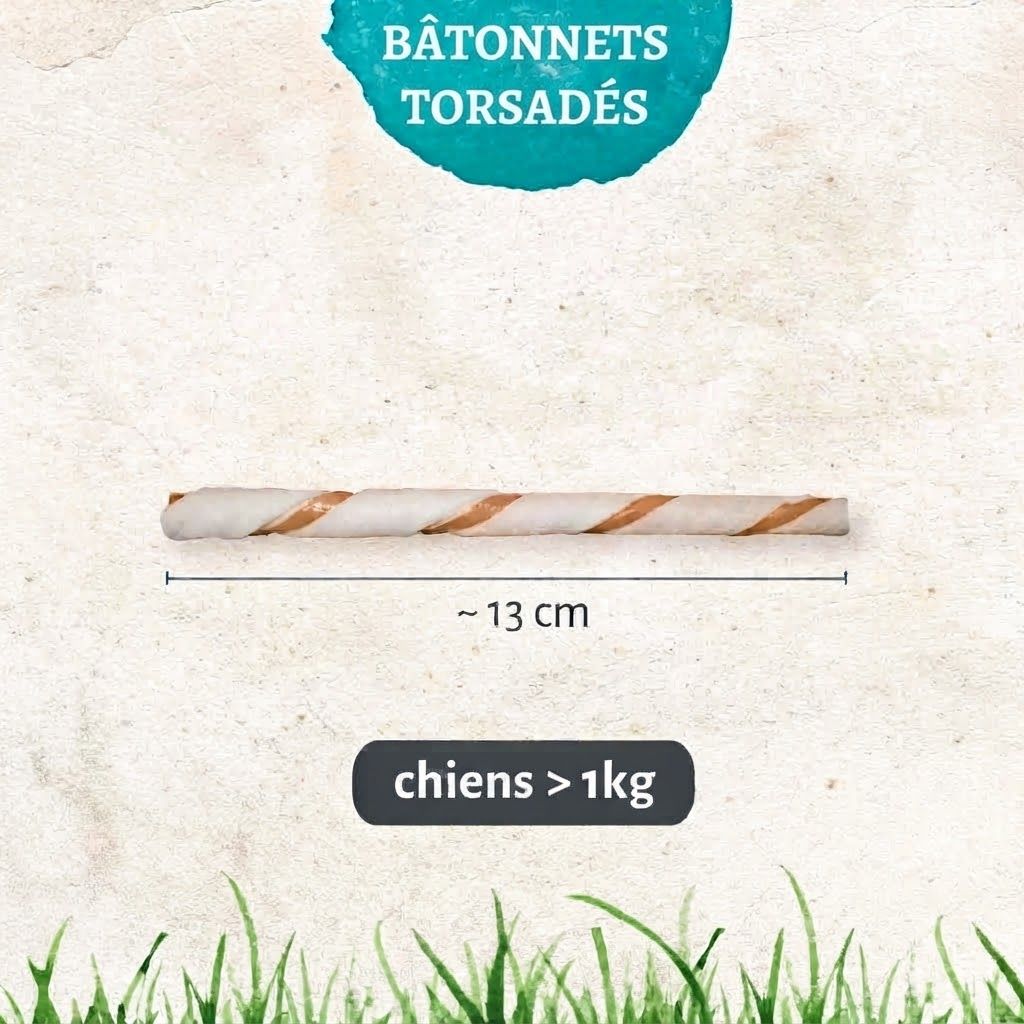 Bâtonnet torsadé pour chien, environ 13 cm, bicolore.