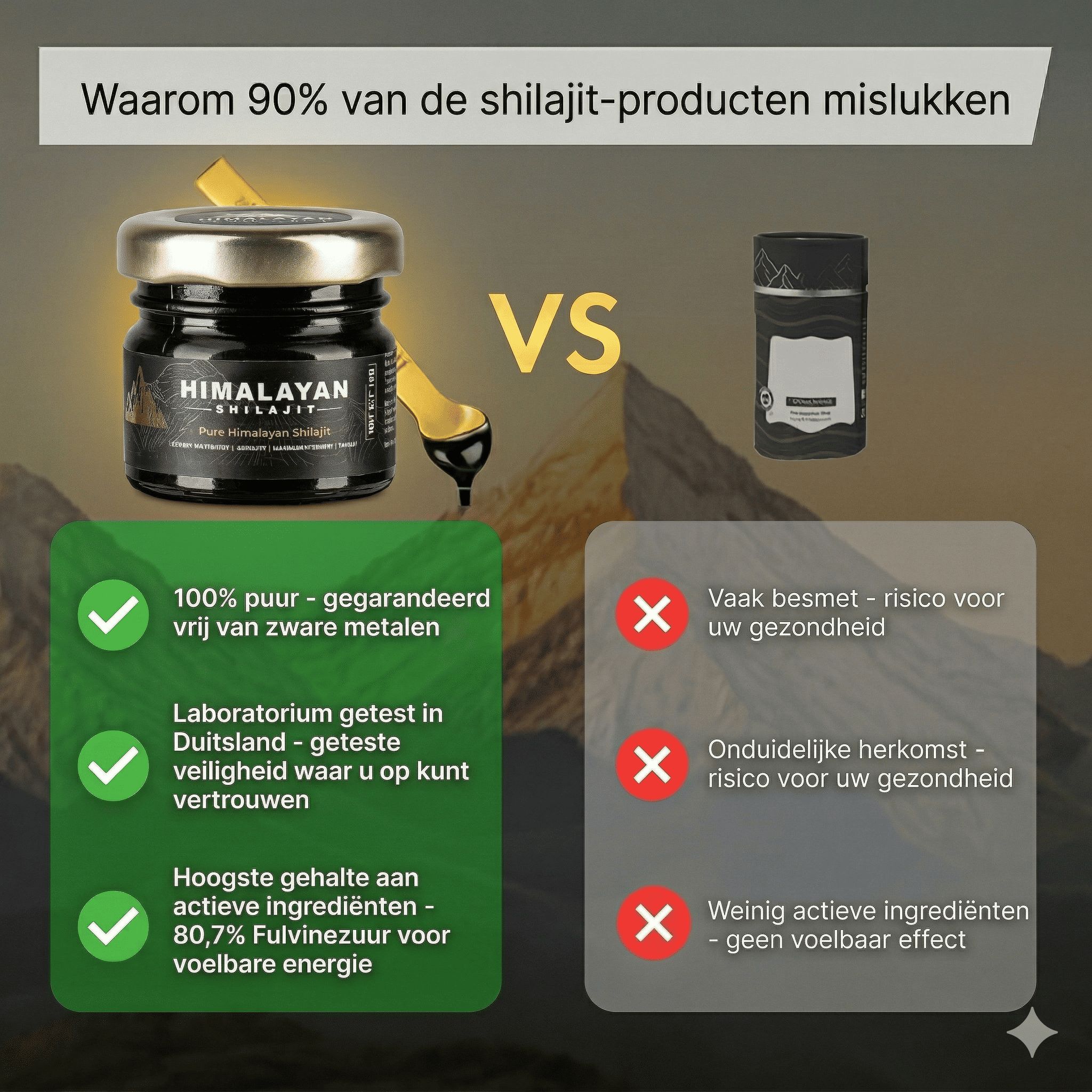 Potje Shilajit en doseerlepel. Tekst: Waarom 90% van de Shilajit-producten mislukken. Vergelijking met ander product.