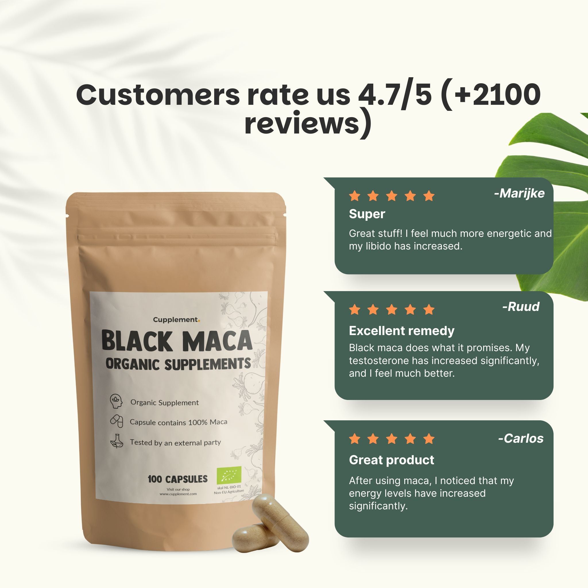 Sachet de gélules. Inscription : Black Maca Organic Supplements. 100 gélules. Deux gélules à côté. Texte sur fond vert.