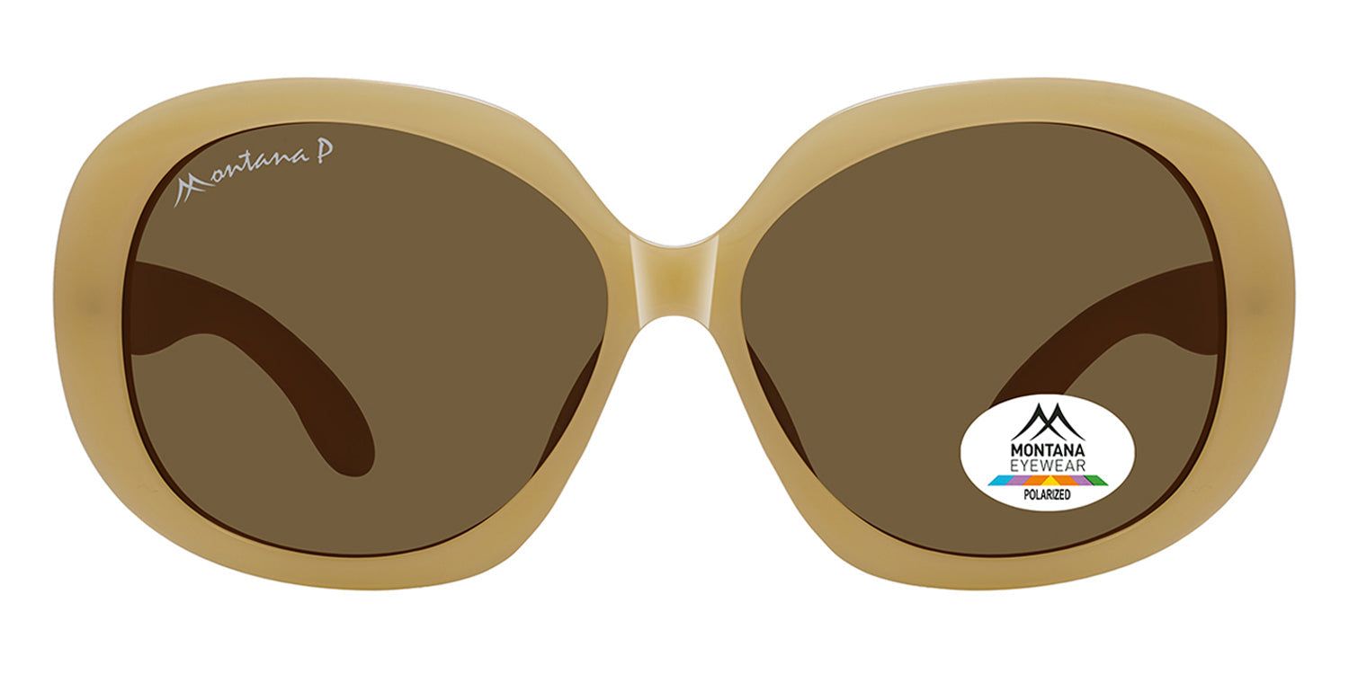Lunettes de soleil marron et beige. Un autocollant avec le logo Montana Eyewear est visible sur le verre. Le cadre porte l'inscription Montana P.