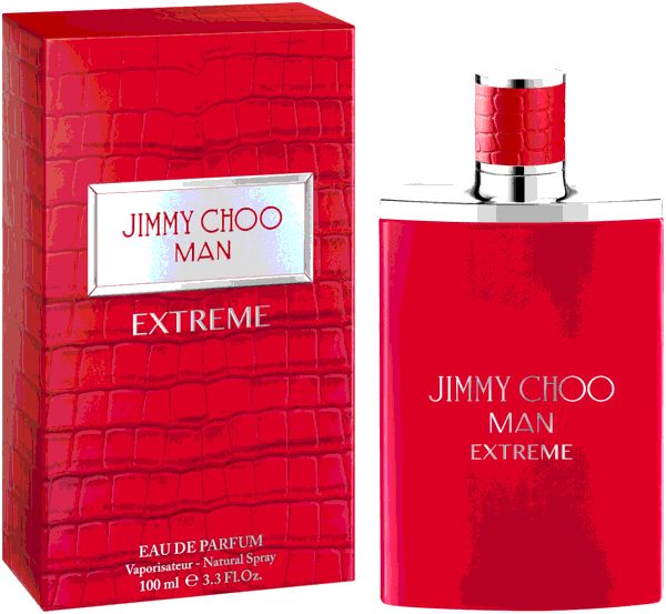 Jimmy Choo Man Extreme Eau de Parfum fles. Rood design met zilveren accenten.