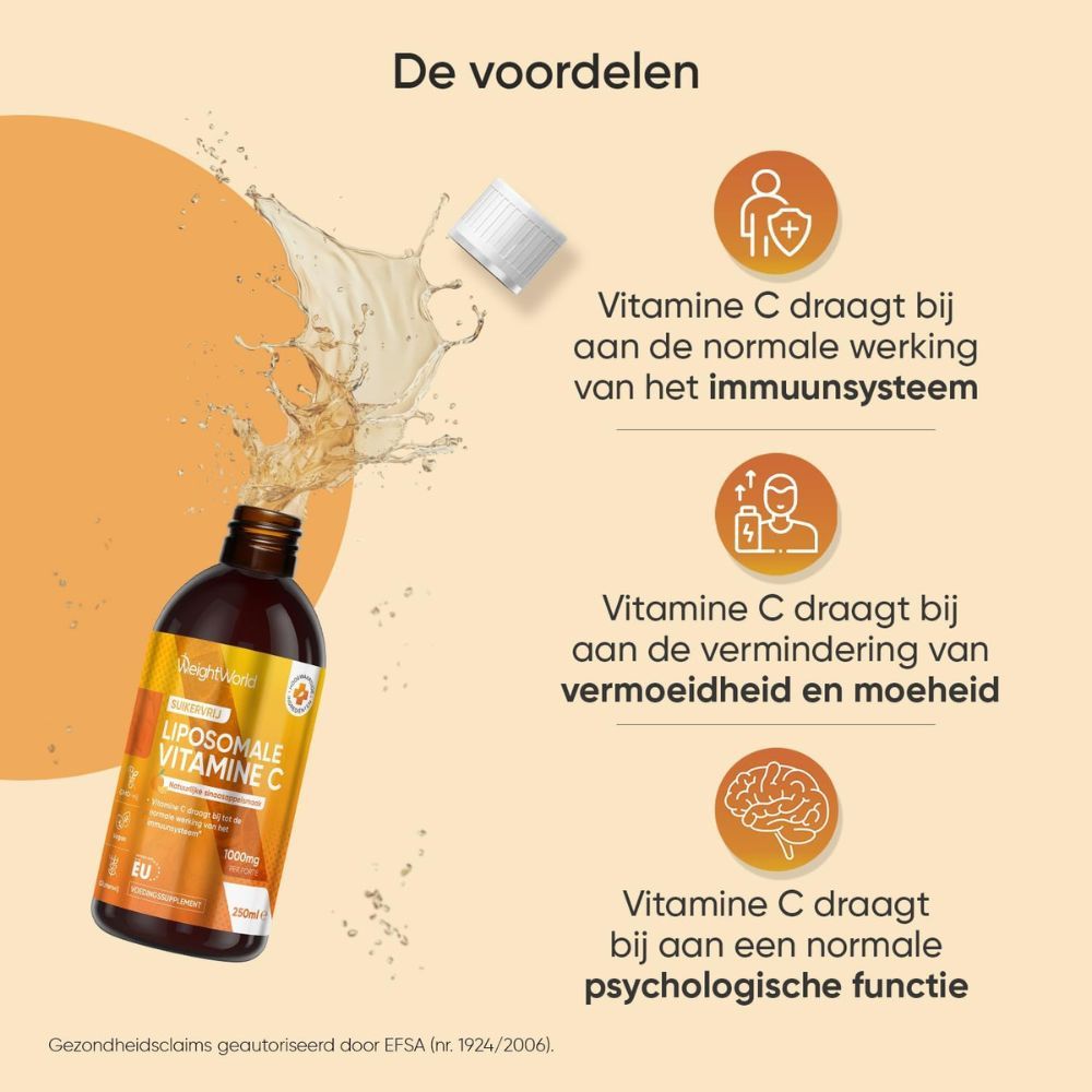 Voordelen van vitamine C. Draagt bij aan normale werking immuunsysteem. Vermindert vermoeidheid. Voor psychologische functie.
