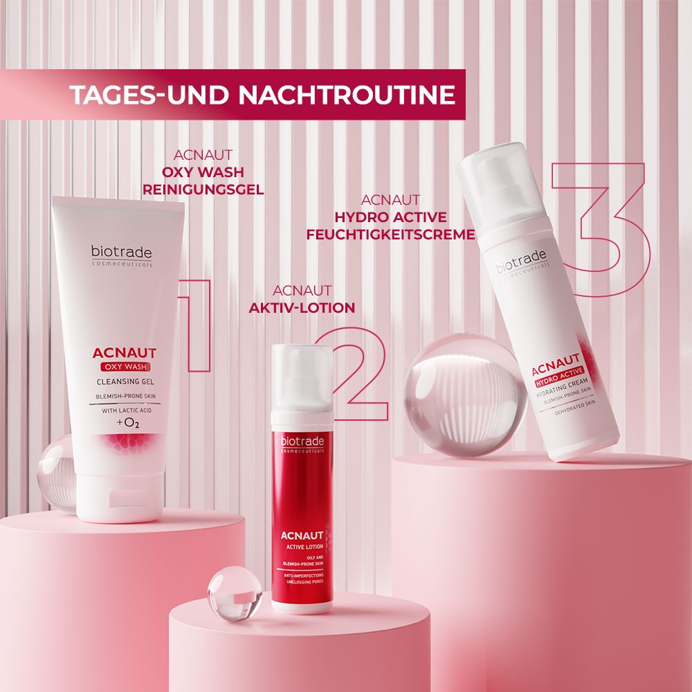 Drie producten op roze achtergrond. Tekst: Acnaut Oxy Wash, Acnaut Aktiv-Lotion, Acnaut Hydro Active Hydrating Cream.