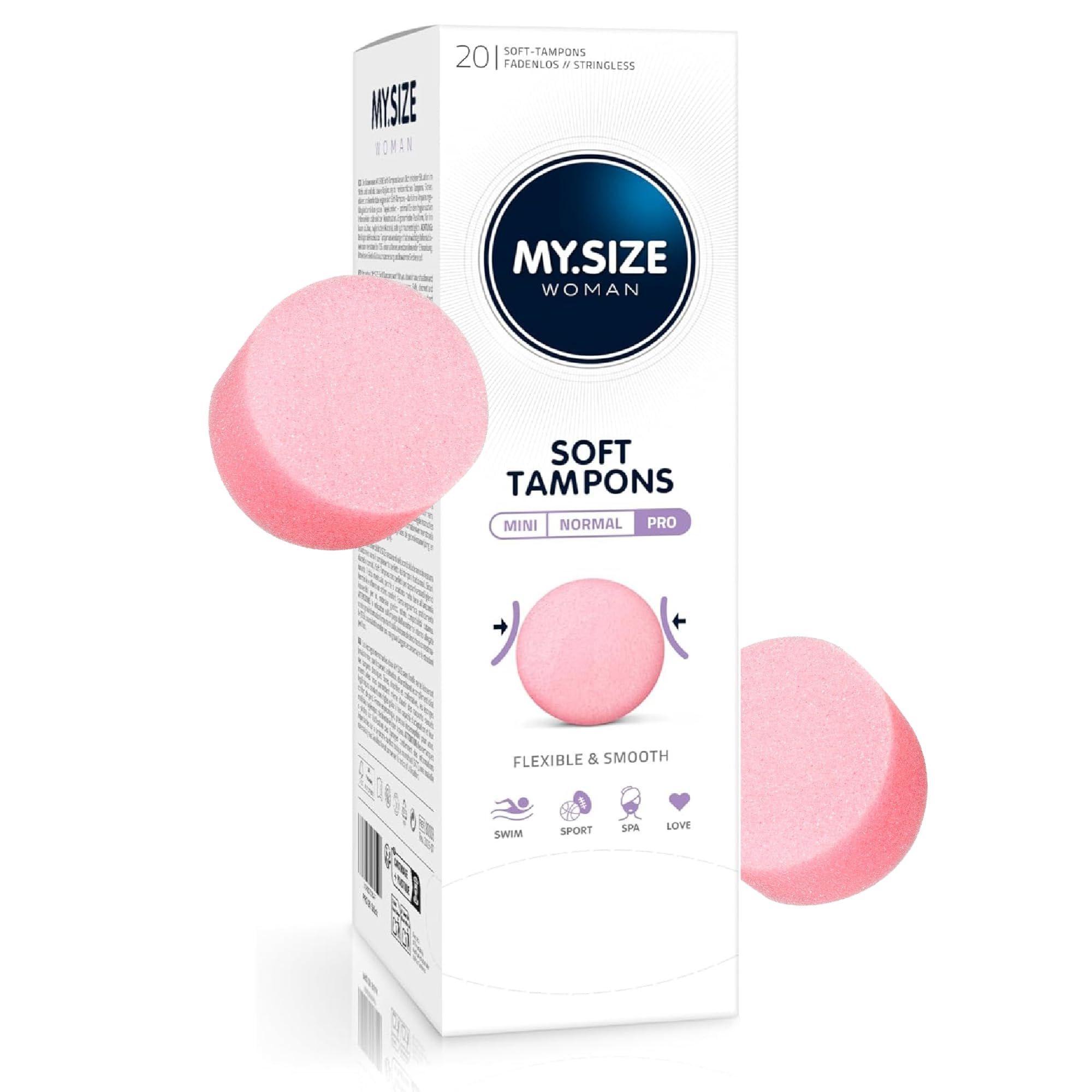 Boîte de 20 tampons doux, marque MY.SIZE WOMAN, tailles MINI NORMAL PRO.