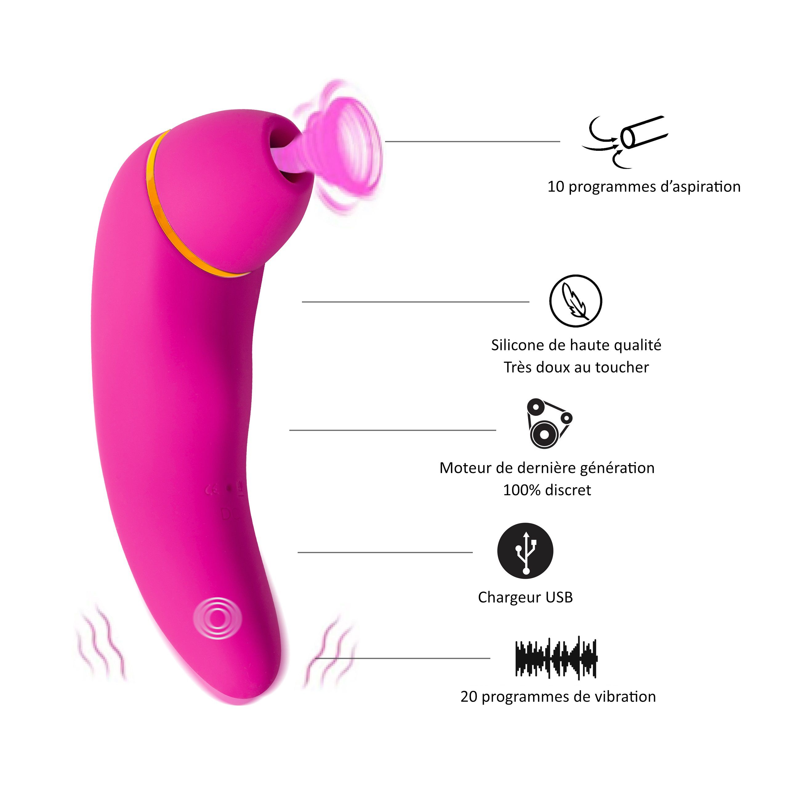 Stimulateur clitoridien rose avec fonction dildo. Caractéristiques: 10 programmes aspiration, silicone, chargeur USB.