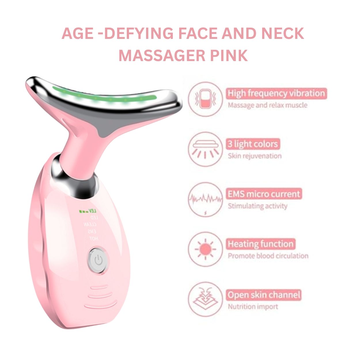 Dispositif de massage rose pour visage et cou avec accents argentés, barre LED rouge et infographies.