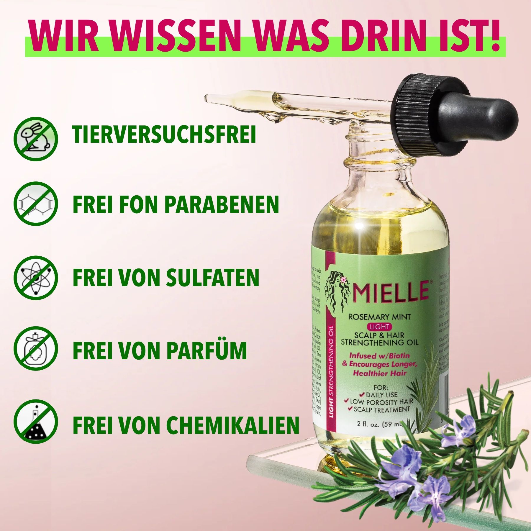 Flacon d'huile capillaire Mielle Organics avec pipette. Texte: Rosemary Mint Light, sans tests sur les animaux, parabènes, sulfates, parfum et produits chimiques.