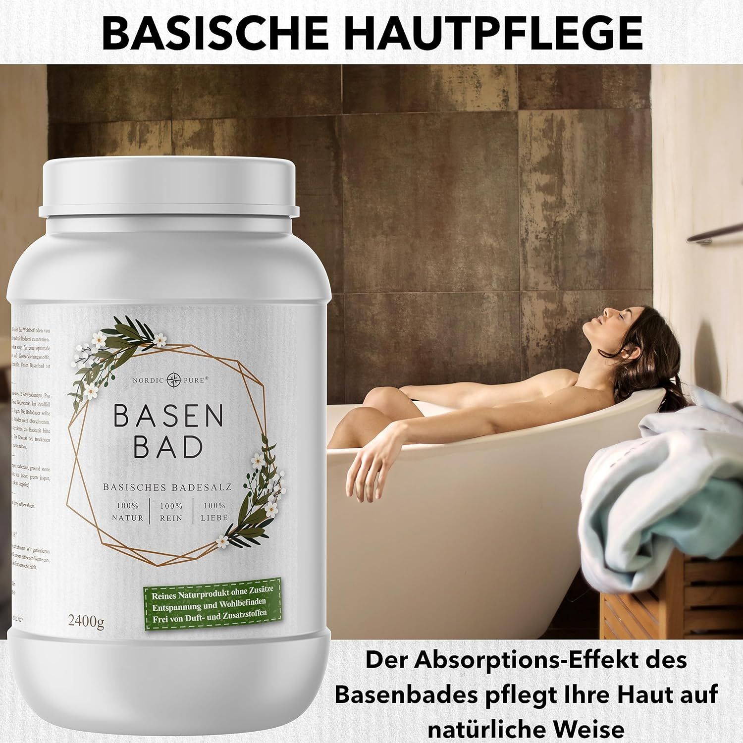 Femme dans baignoire à côté du récipient "BASEN BAD". Étiquette avec design floral. 2400g. Texte: Soin basique de la peau.