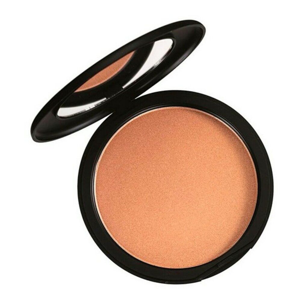 Poudre dorée ronde dans un boîtier noir avec miroir. Couvercle ouvert.