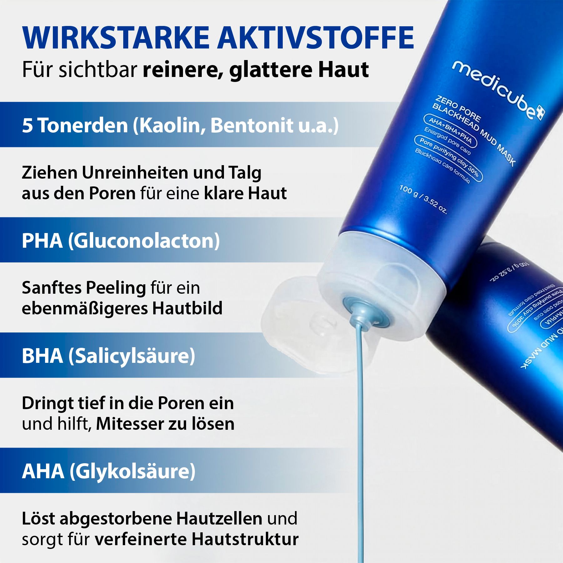 Tube bleue de Medimask Zero Pore Blackhead Mud Mask, 100g/3.52 oz. Texte listant les ingrédients et les avantages.