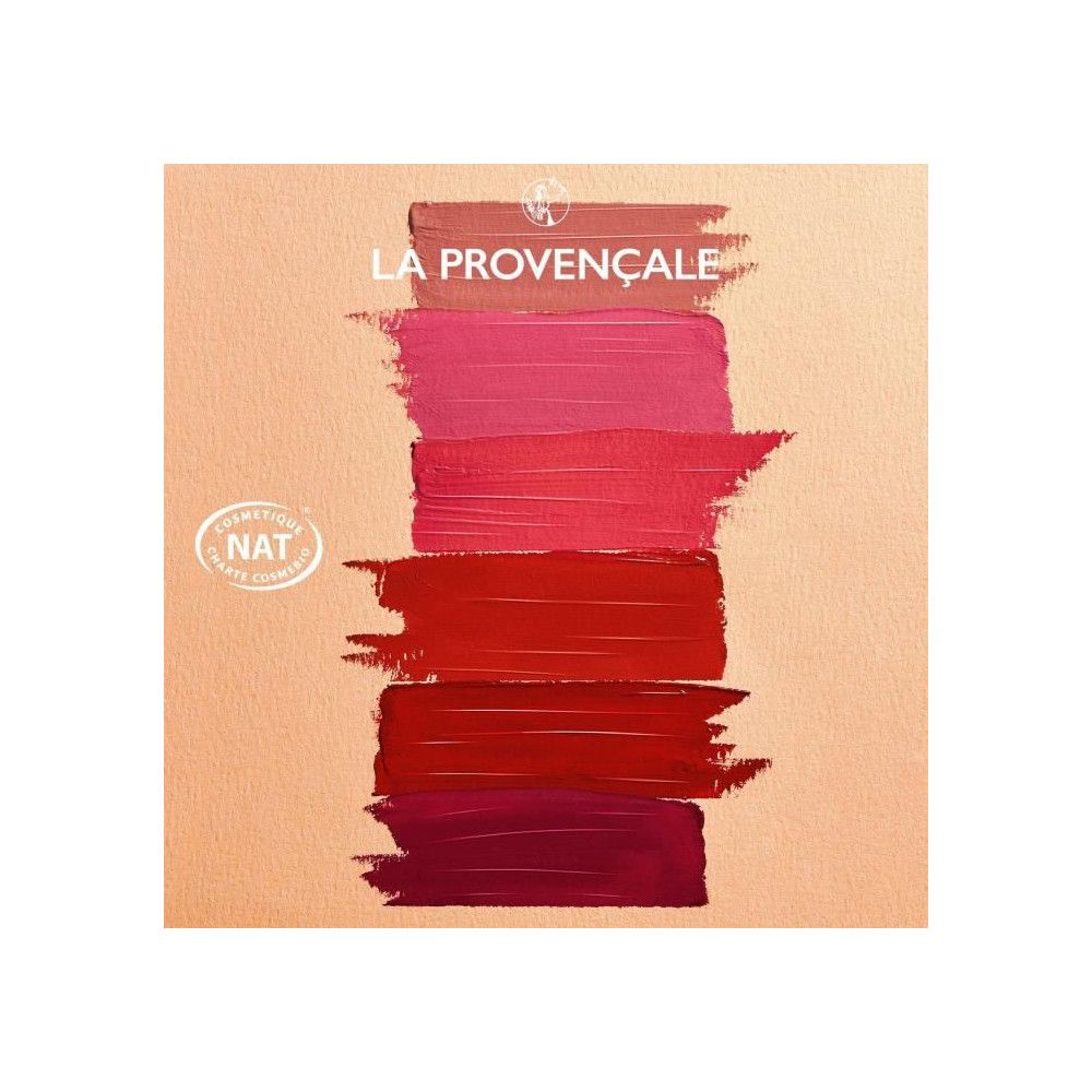 Échantillons de rouges à lèvres en différentes teintes de rouge. Inscription: La Provençale. Certification NAT.