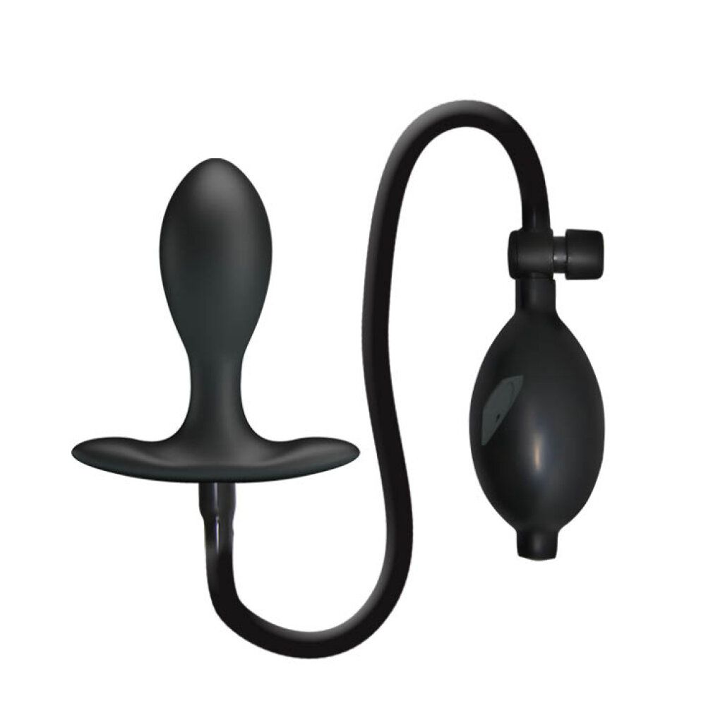 Zwarte opblaasbare anale plug met pomp en slang, geïsoleerd op witte achtergrond.